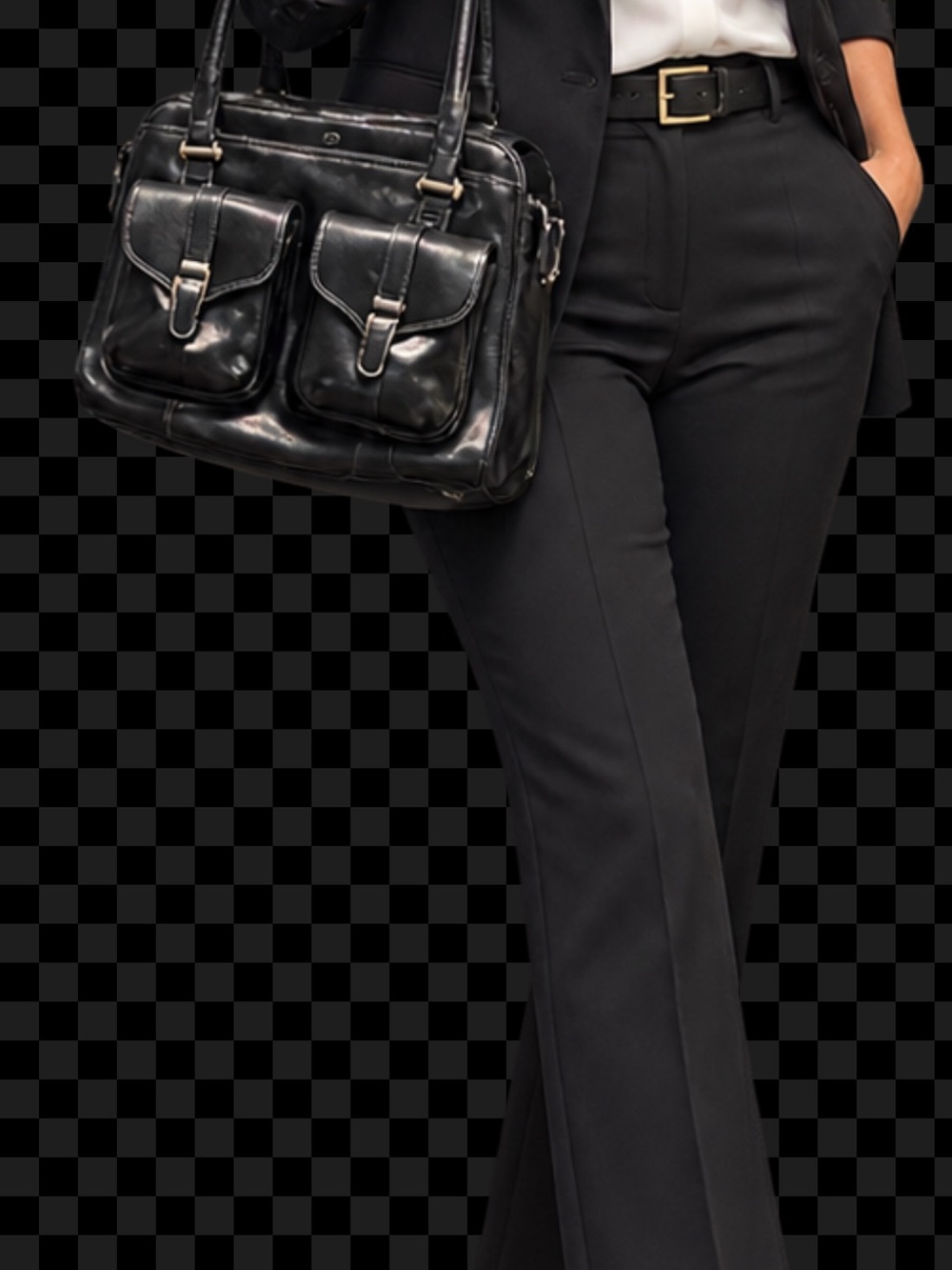 Classic Black Double-Pocket Leather Tote